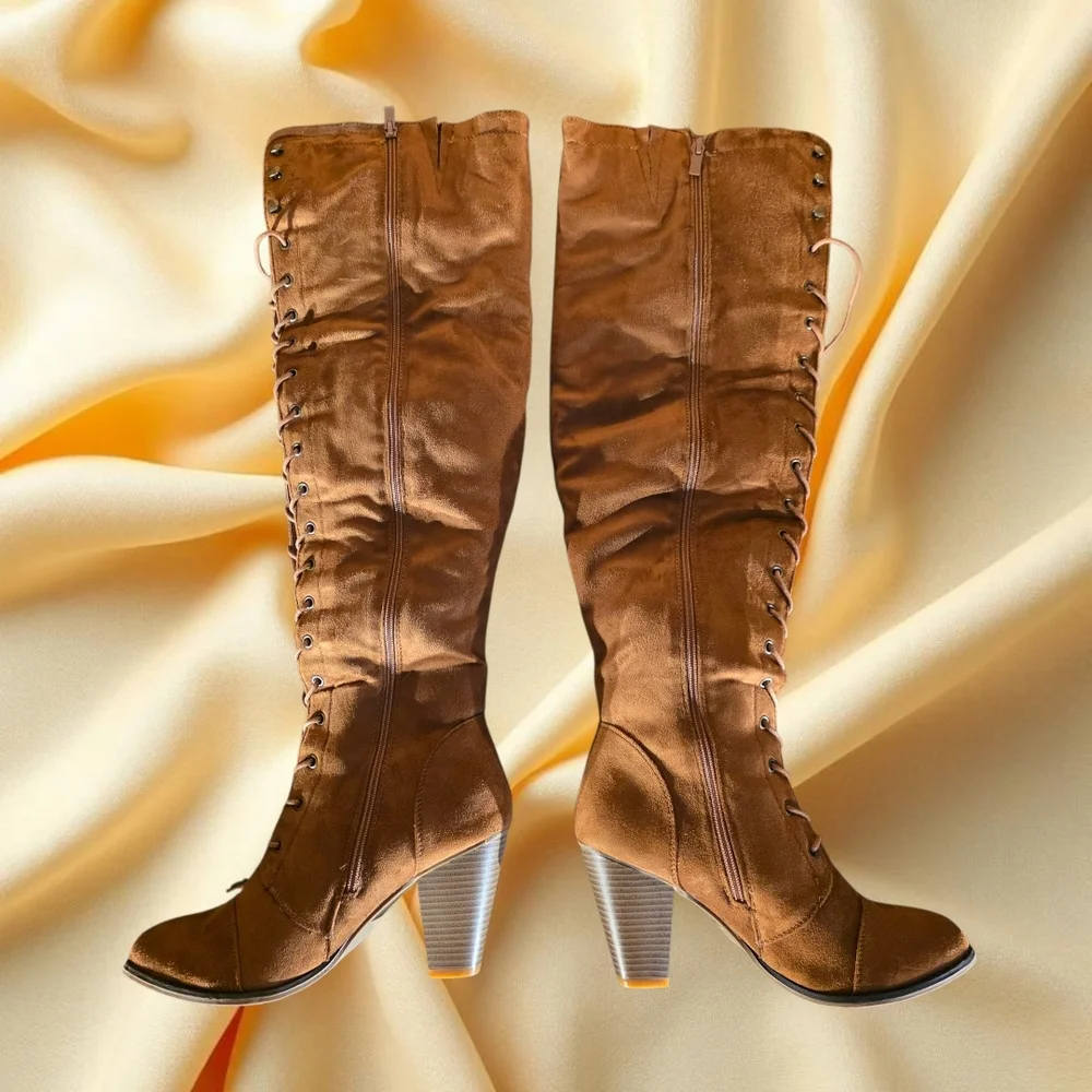 Tan Over the Knee Suade Lace-Up Boots EUC